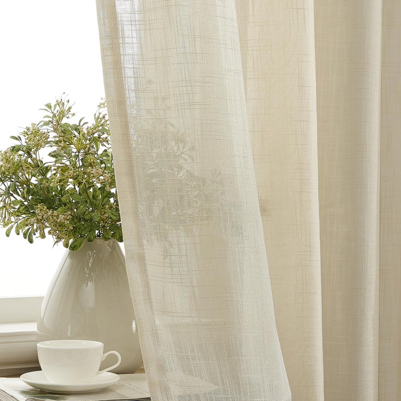 HLC.ME Abbey Faux Linen Textured Semi Sheer Privacy Sun Light Filtering Transparent Window Grommet Short Thick Curtains Drapery Panels for Kitchen & Bathroom, 2 Panels (54 W x 63 L, Beige) - Image 5